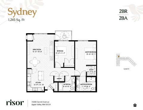Floor plan for 2 beds, 2 baths, 1245 sqft